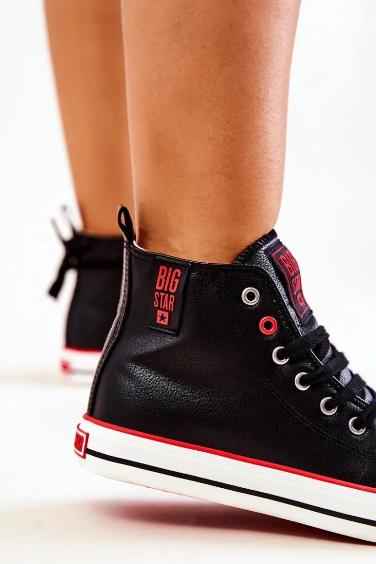 Damskie Big Star Shoes Wysokie Skórzane Trampki Big Star JJ274131 Czarne