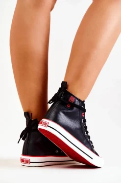 Damskie Big Star Shoes Wysokie Skórzane Trampki Big Star JJ274131 Czarne