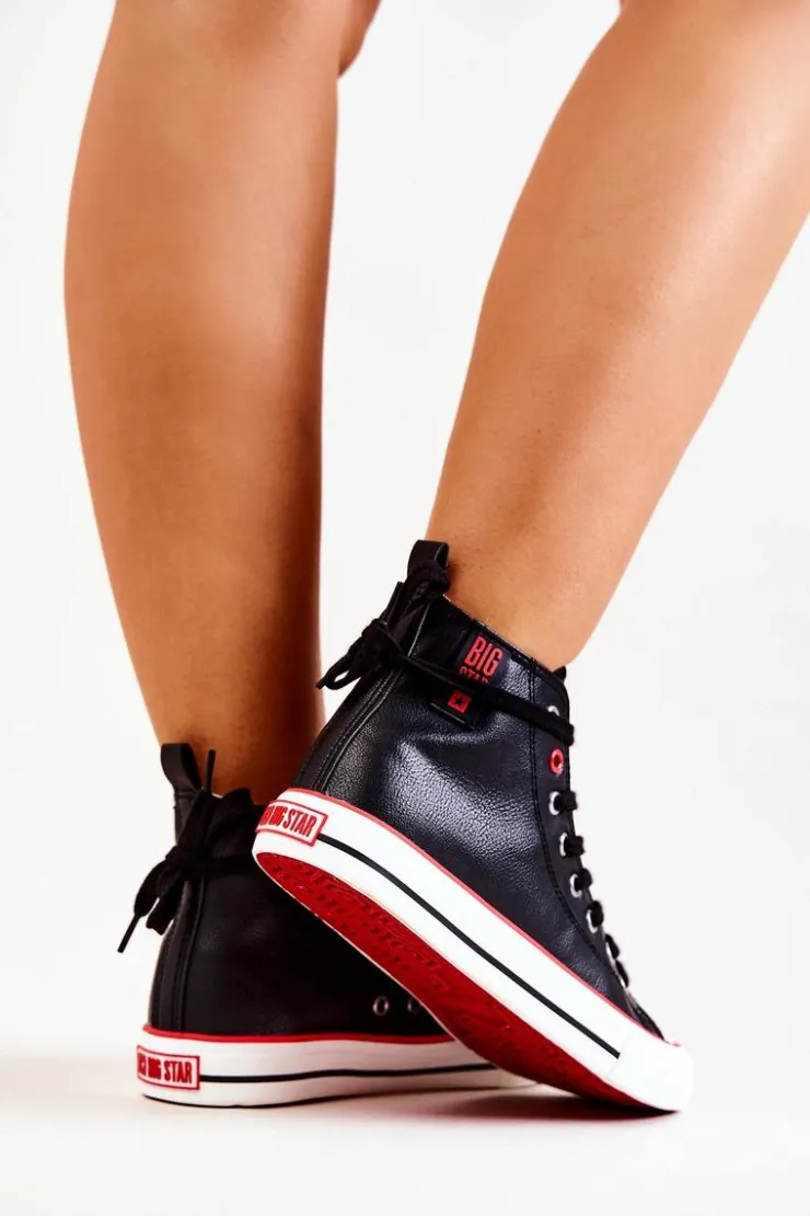 Damskie Big Star Shoes Wysokie Skórzane Trampki Big Star JJ274131 Czarne