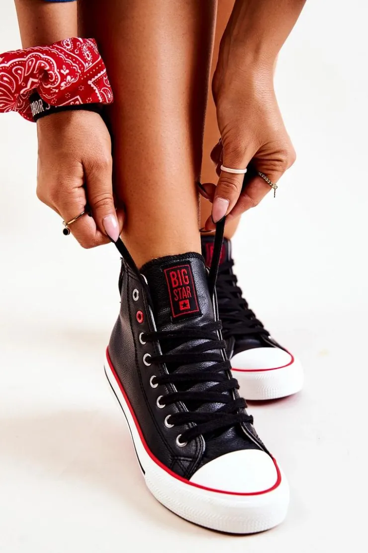 Damskie Big Star Shoes Wysokie Skórzane Trampki Big Star JJ274131 Czarne