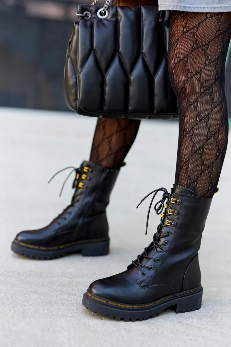 Damskie Boto Wysokie Skórzane Workery Czarne Rockdale