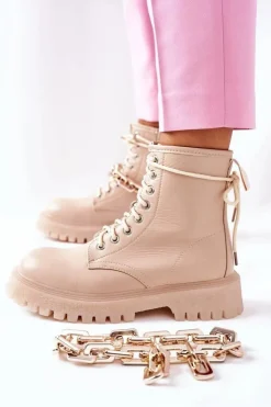 Boto Botki Ocieplane|Botki Zimowe Damskie*Wysokie Stylowe Botki Beżowe Grail
