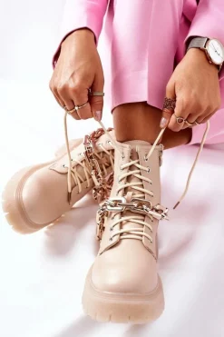 Boto Botki Ocieplane|Botki Zimowe Damskie*Wysokie Stylowe Botki Beżowe Grail