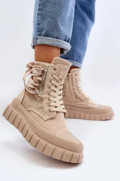 Boto Trampki Damskie Wysokie*Wysokie Trampki Damskie Na Masywnej Platformie Beżowe Wonise