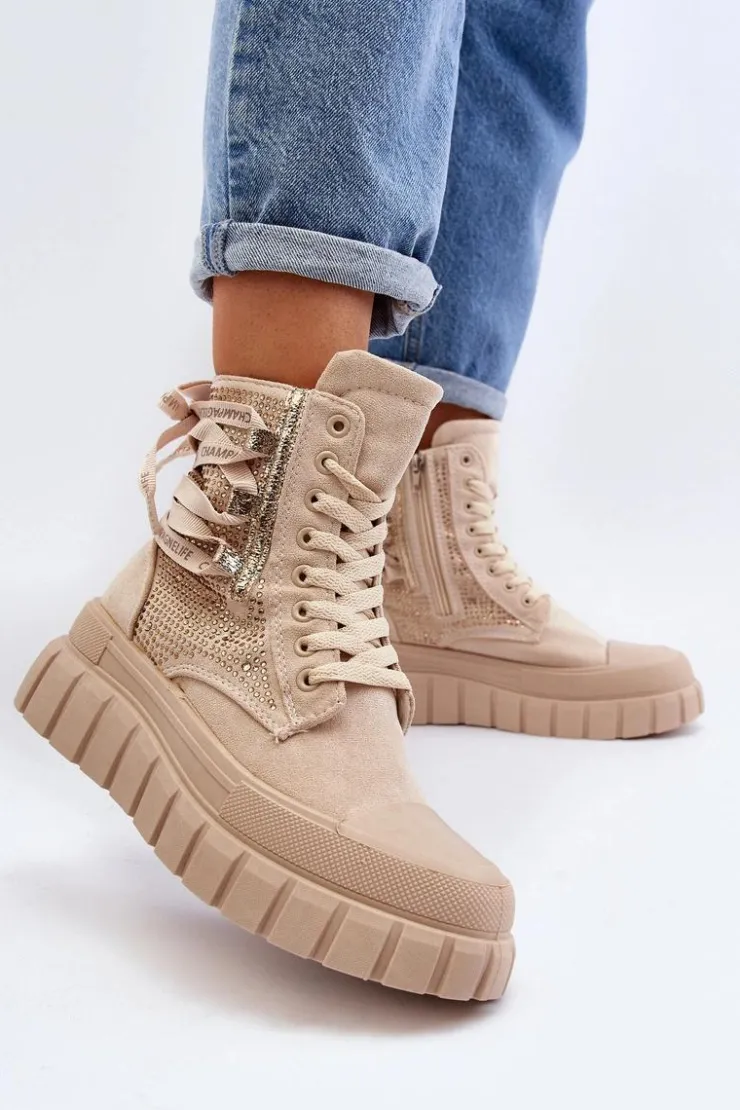 Boto Trampki Damskie Wysokie*Wysokie Trampki Damskie Na Masywnej Platformie Beżowe Wonise