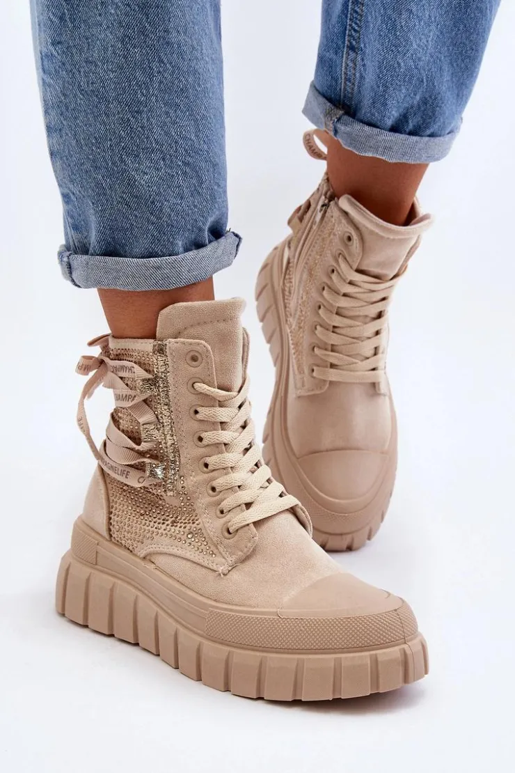 Boto Trampki Damskie Wysokie*Wysokie Trampki Damskie Na Masywnej Platformie Beżowe Wonise