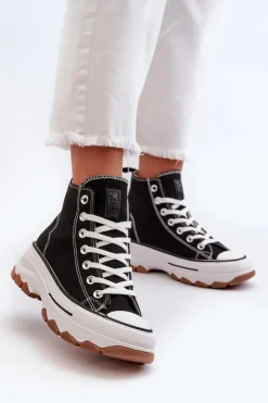 Damskie Evento Wysokie Trampki Damskie Na Platformie Czarne Valvia