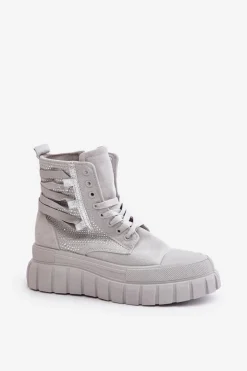 Discount Boto Wysokie Trampki Damskie Na Masywnej Platformie Ze Zdobieniem Szare Zaidria