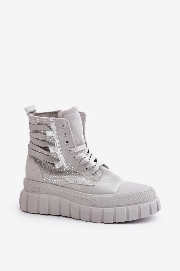 Discount Boto Wysokie Trampki Damskie Na Masywnej Platformie Ze Zdobieniem Szare Zaidria
