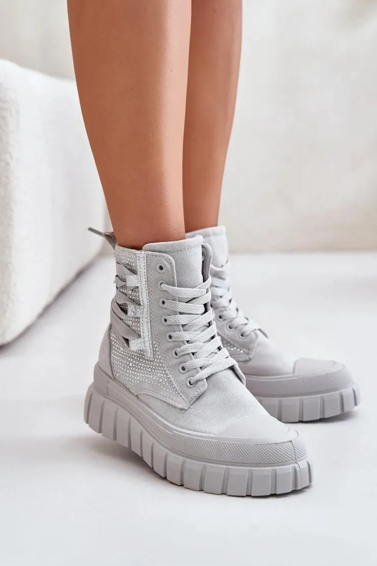 Discount Boto Wysokie Trampki Damskie Na Masywnej Platformie Ze Zdobieniem Szare Zaidria