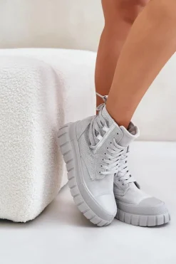 Discount Boto Wysokie Trampki Damskie Na Masywnej Platformie Ze Zdobieniem Szare Zaidria
