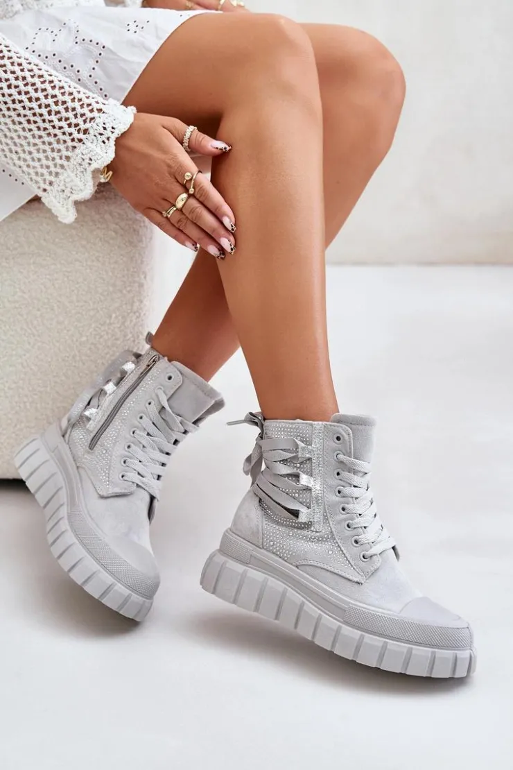 Discount Boto Wysokie Trampki Damskie Na Masywnej Platformie Ze Zdobieniem Szare Zaidria