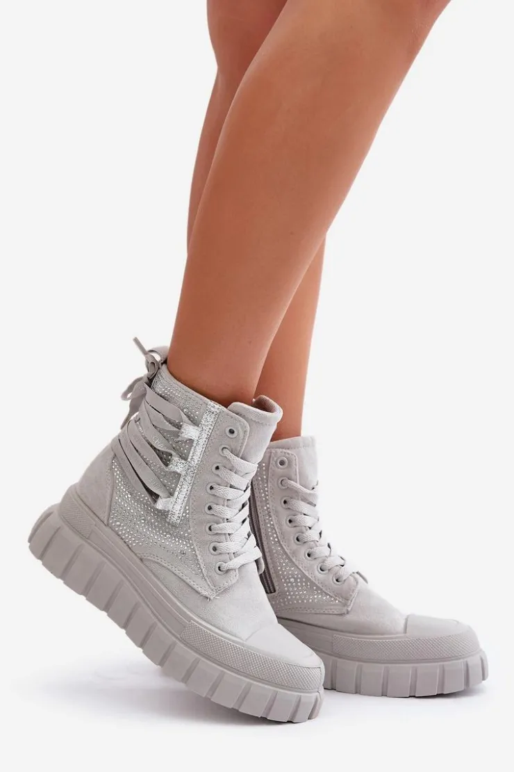 Discount Boto Wysokie Trampki Damskie Na Masywnej Platformie Ze Zdobieniem Szare Zaidria