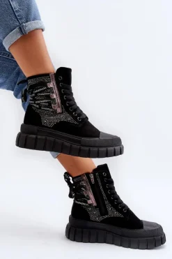 Damskie Boto Wysokie Trampki Damskie Na Masywnej Platformie Czarne Wonise