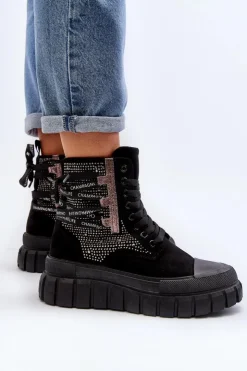 Damskie Boto Wysokie Trampki Damskie Na Masywnej Platformie Czarne Wonise