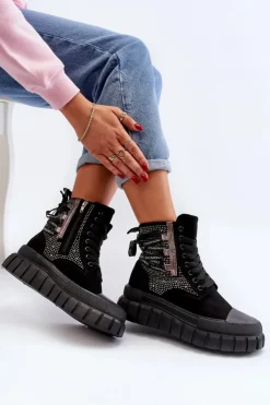 Damskie Boto Wysokie Trampki Damskie Na Masywnej Platformie Czarne Wonise