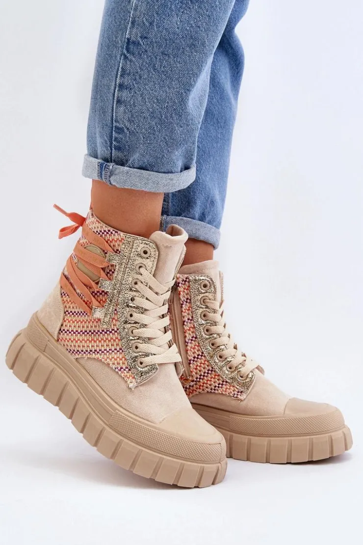 Boto Trampki Damskie Wysokie*Wysokie Trampki Damskie Na Masywnej Platformie Beżowe Kernia Beżowy