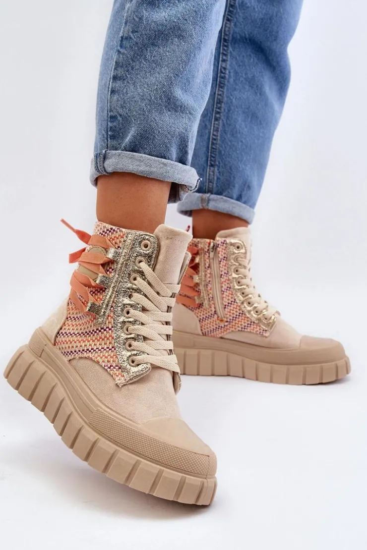 Boto Trampki Damskie Wysokie*Wysokie Trampki Damskie Na Masywnej Platformie Beżowe Kernia Beżowy