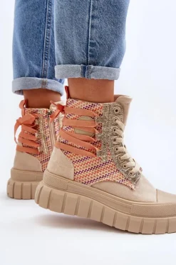 Boto Trampki Damskie Wysokie*Wysokie Trampki Damskie Na Masywnej Platformie Beżowe Kernia Beżowy