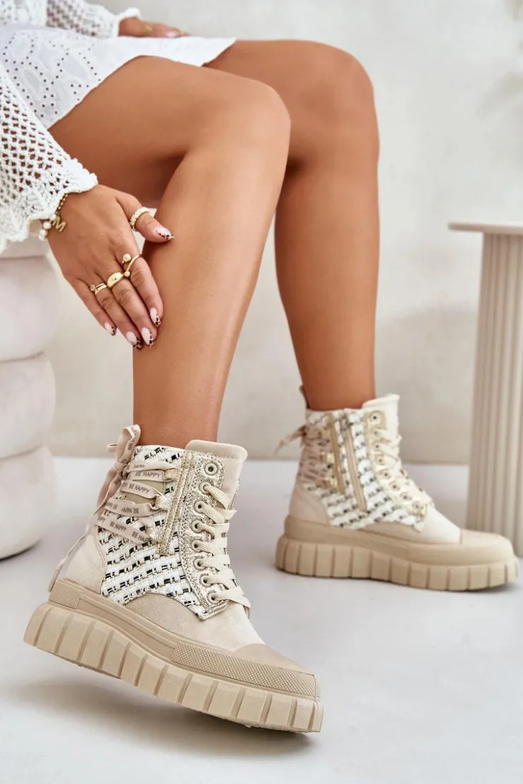 Boto Trampki Damskie Wysokie*Wysokie Trampki Damskie Na Masywnej Platformie Jasnobeżowe Kernia Beżowy