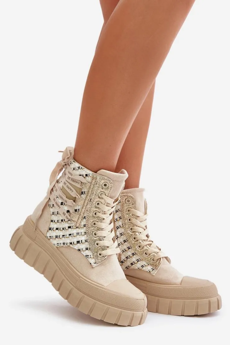 Boto Trampki Damskie Wysokie*Wysokie Trampki Damskie Na Masywnej Platformie Jasnobeżowe Kernia Beżowy