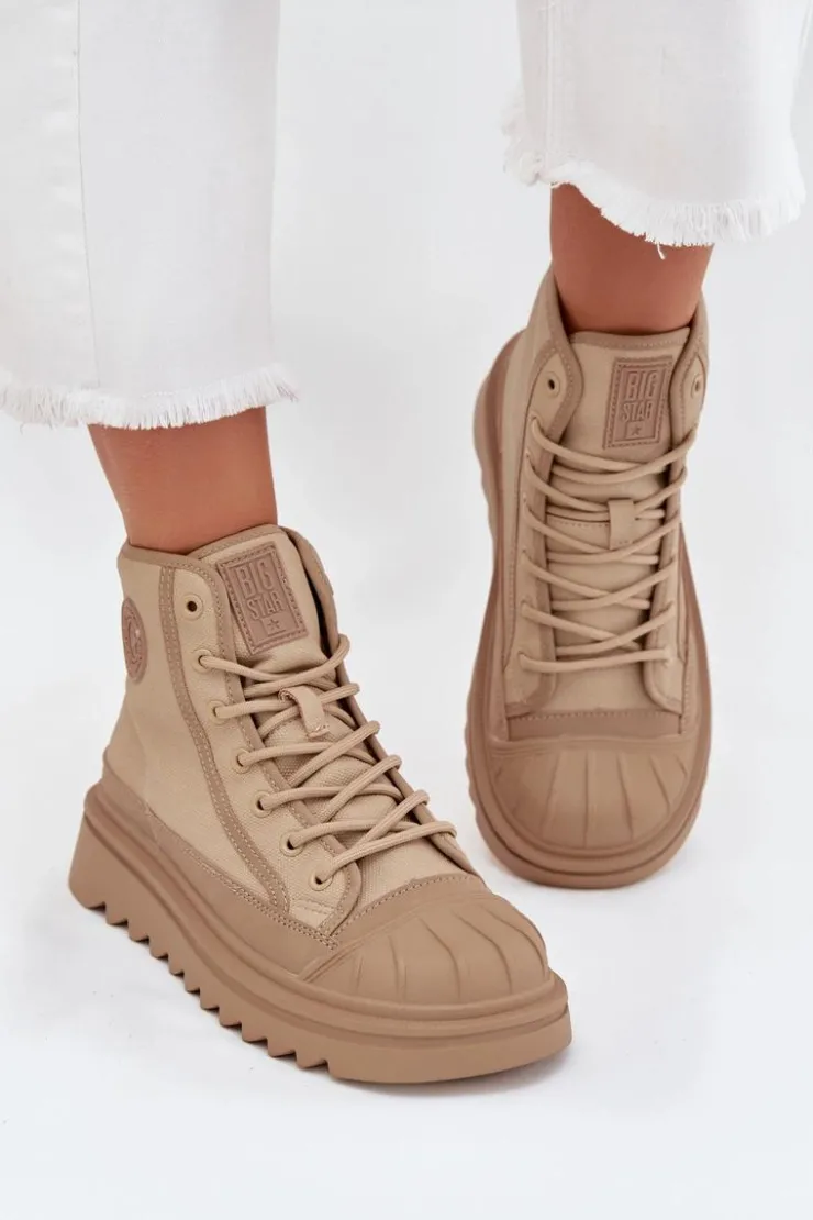 Outlet Big Star Shoes Wysokie Trampki Damskie Ocieplane Big Star OO274A356 Beżowe Beżowy