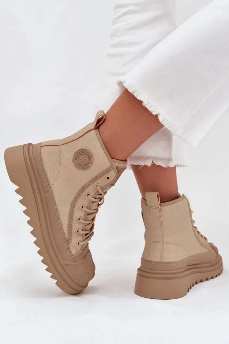 Outlet Big Star Shoes Wysokie Trampki Damskie Ocieplane Big Star OO274A356 Beżowe Beżowy