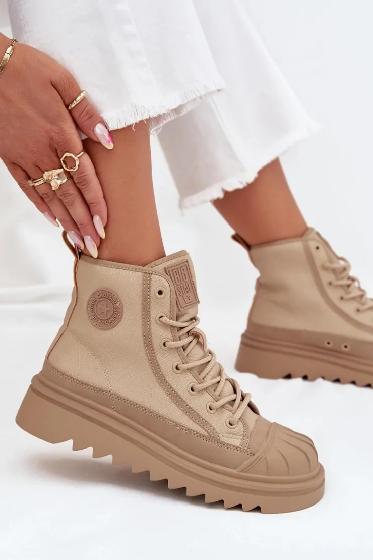 Outlet Big Star Shoes Wysokie Trampki Damskie Ocieplane Big Star OO274A356 Beżowe Beżowy