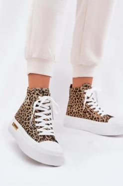 Online Boto Wysokie Trampki Damskie W Panterkę Na Platformie Brązowe Laviriona Brązowy