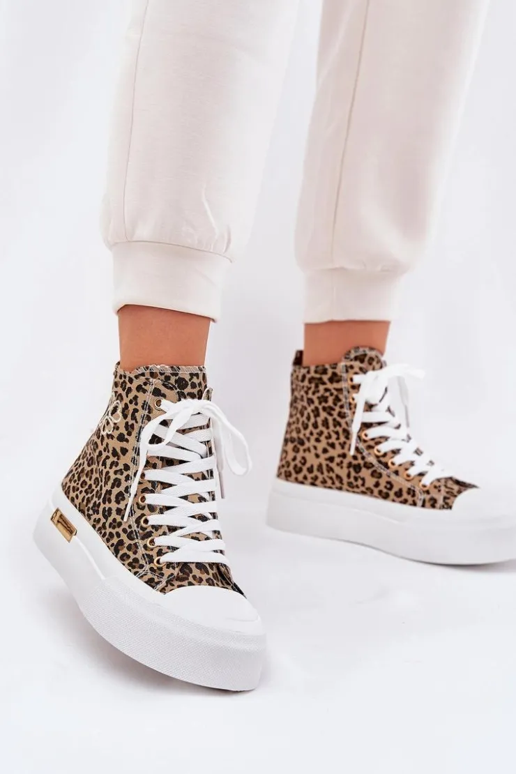 Online Boto Wysokie Trampki Damskie W Panterkę Na Platformie Brązowe Laviriona Brązowy