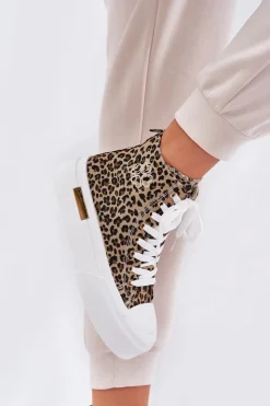 Online Boto Wysokie Trampki Damskie W Panterkę Na Platformie Brązowe Laviriona Brązowy