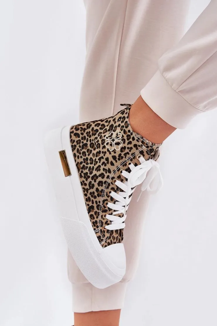 Online Boto Wysokie Trampki Damskie W Panterkę Na Platformie Brązowe Laviriona Brązowy