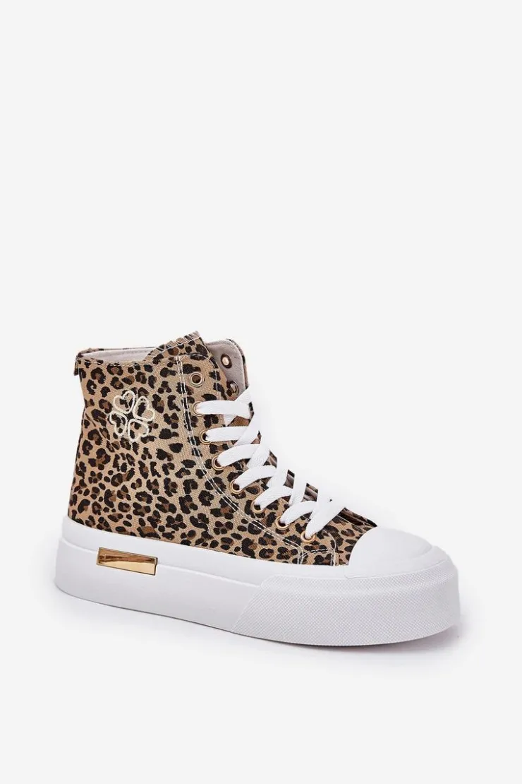 Online Boto Wysokie Trampki Damskie W Panterkę Na Platformie Brązowe Laviriona Brązowy