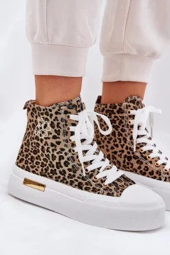 Online Boto Wysokie Trampki Damskie W Panterkę Na Platformie Brązowe Laviriona Brązowy