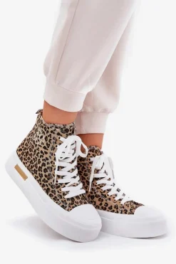 Online Boto Wysokie Trampki Damskie W Panterkę Na Platformie Brązowe Laviriona Brązowy