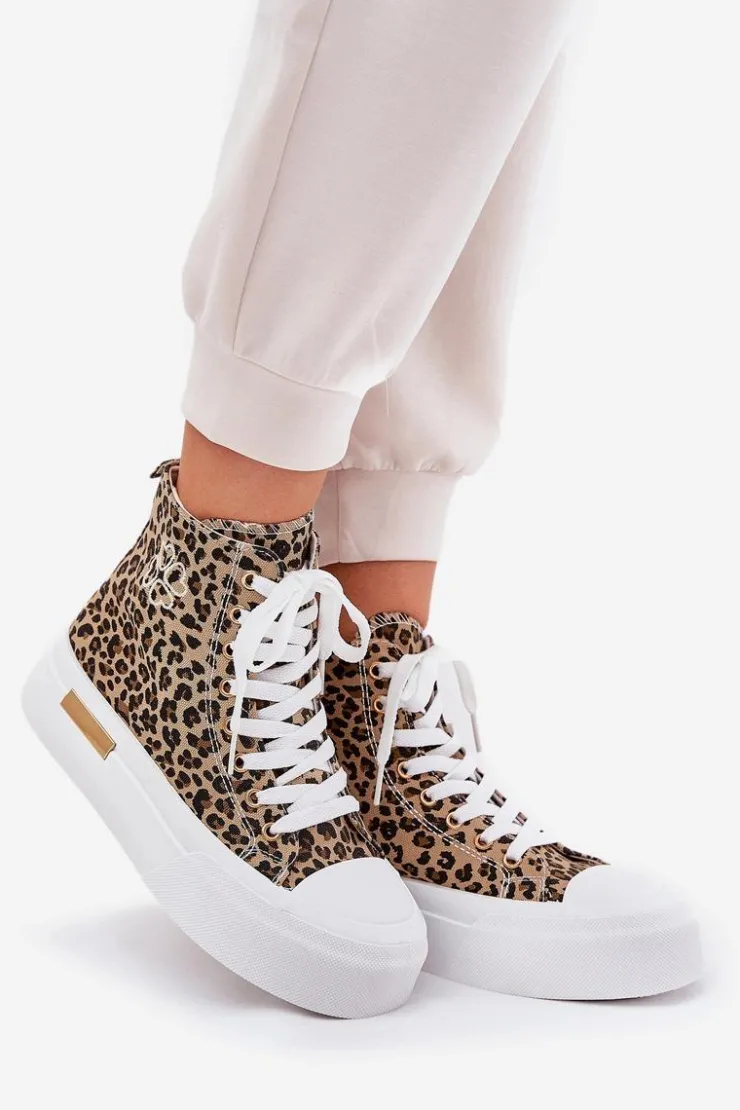 Online Boto Wysokie Trampki Damskie W Panterkę Na Platformie Brązowe Laviriona Brązowy