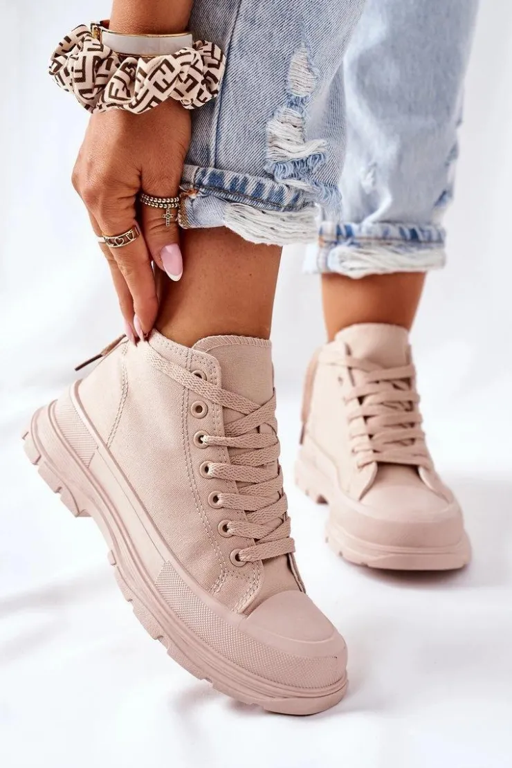 Damskie Boto Wysokie Trampki Na Dużej Podeszwie Beżowe Trissy