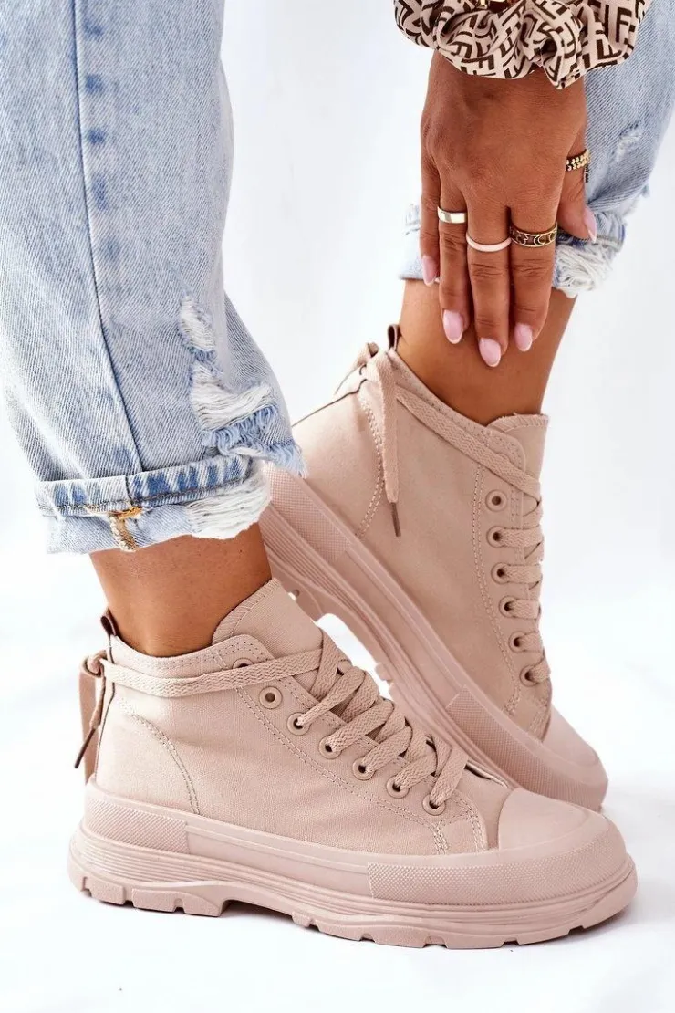 Damskie Boto Wysokie Trampki Na Dużej Podeszwie Beżowe Trissy