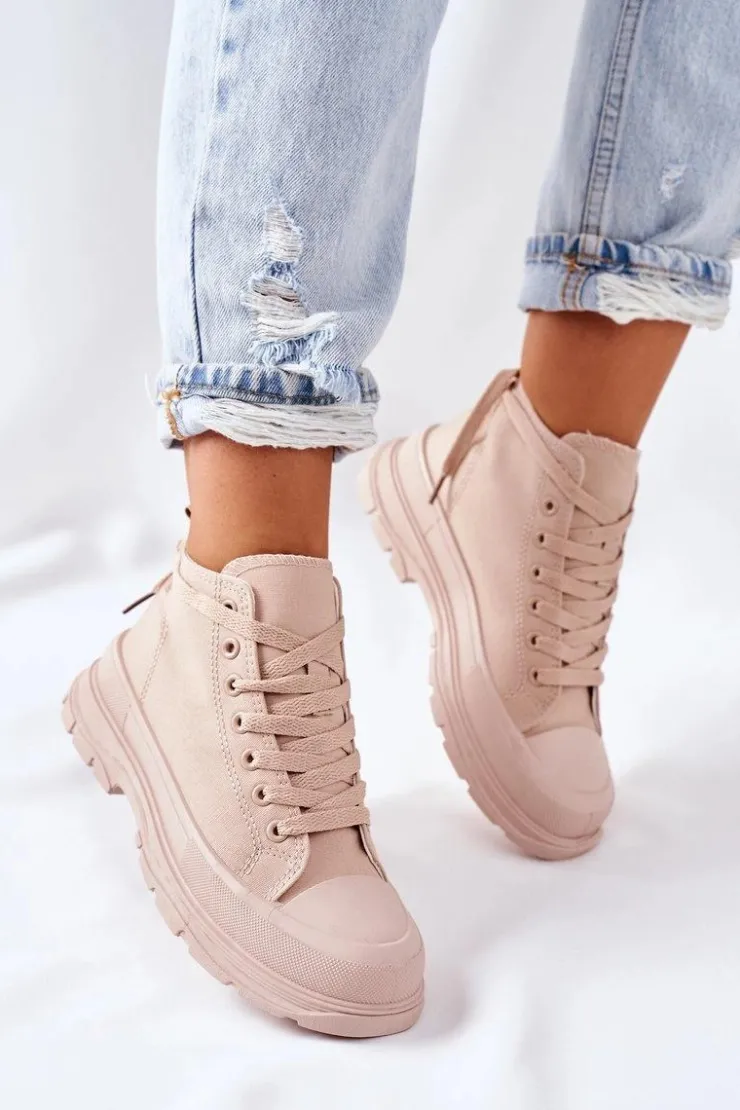 Damskie Boto Wysokie Trampki Na Dużej Podeszwie Beżowe Trissy