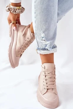 Damskie Boto Wysokie Trampki Na Dużej Podeszwie Beżowe Trissy