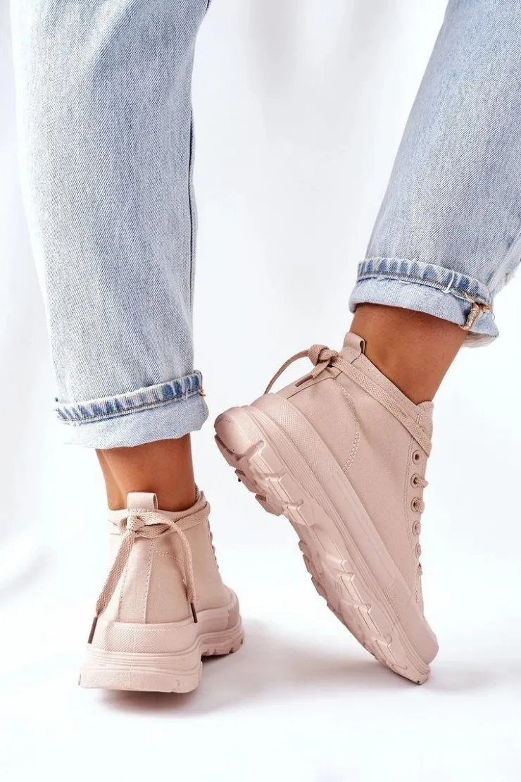 Damskie Boto Wysokie Trampki Na Dużej Podeszwie Beżowe Trissy