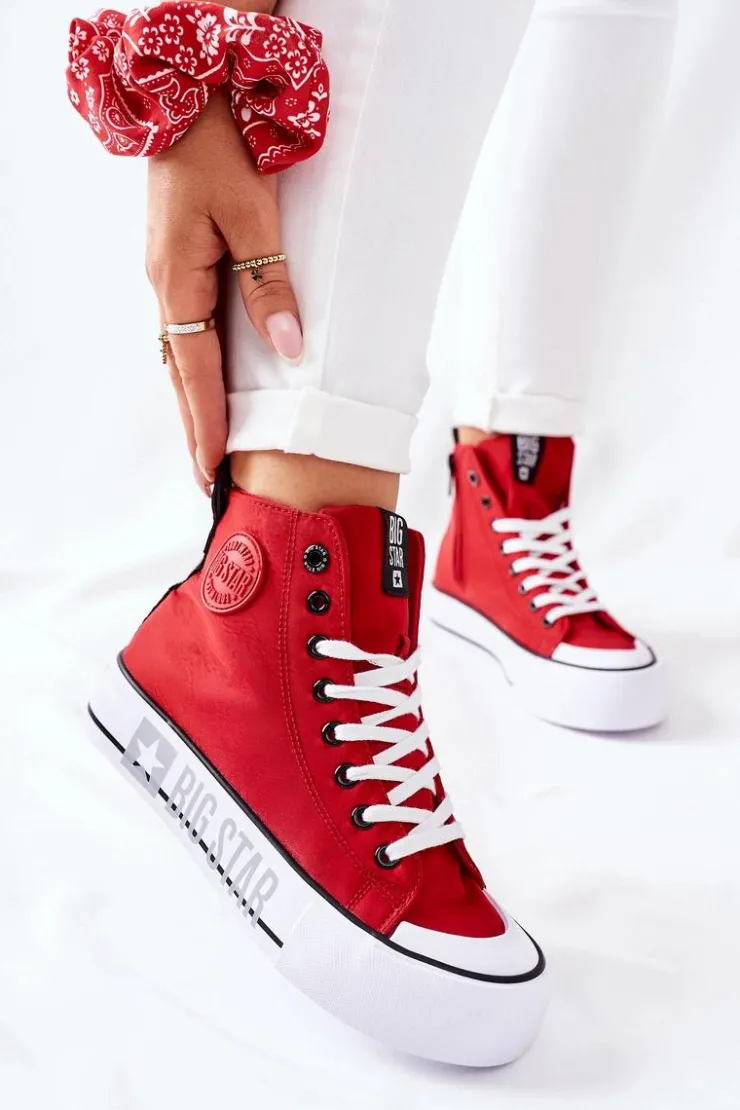 Big Star Shoes Trampki Damskie Big Star|Trampki Damskie Wysokie*Wysokie Trampki Na Platformie Big Star II274018 Czerwone