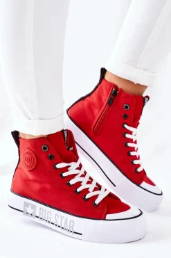 Big Star Shoes Trampki Damskie Big Star|Trampki Damskie Wysokie*Wysokie Trampki Na Platformie Big Star II274018 Czerwone
