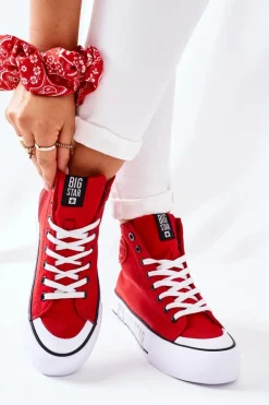 Big Star Shoes Trampki Damskie Big Star|Trampki Damskie Wysokie*Wysokie Trampki Na Platformie Big Star II274018 Czerwone