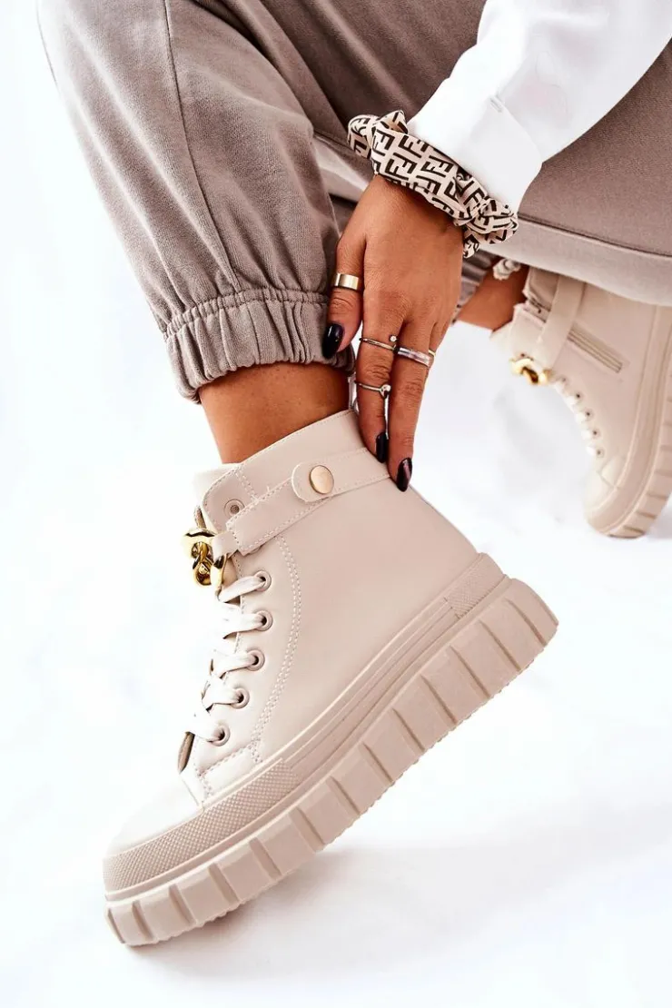 Boto Trampki Damskie Wysokie*Wysokie Trampki Na Platformie Beżowe Standies