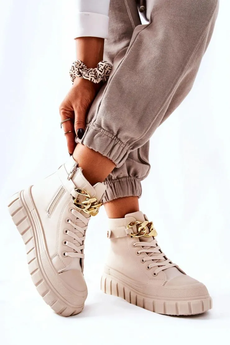 Boto Trampki Damskie Wysokie*Wysokie Trampki Na Platformie Beżowe Standies