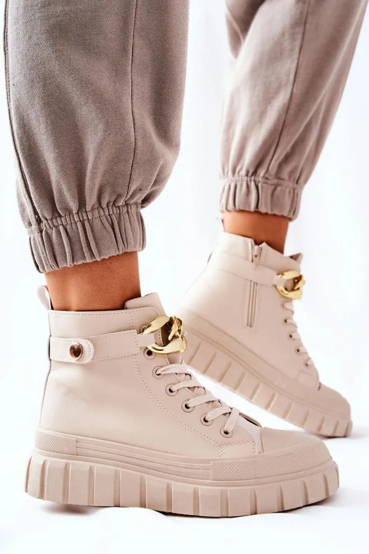 Boto Trampki Damskie Wysokie*Wysokie Trampki Na Platformie Beżowe Standies