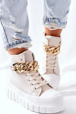 Boto Trampki Damskie Wysokie*Wysokie Trampki Na Platformie Beżowe La Rocca