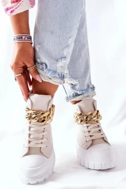 Boto Trampki Damskie Wysokie*Wysokie Trampki Na Platformie Beżowe La Rocca