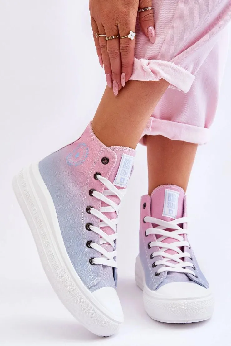 Big Star Shoes Trampki Damskie Big Star|Trampki Damskie Wysokie*Wysokie Trampki Na Platformie Big Star LL274A191 Różowo-Niebieskie